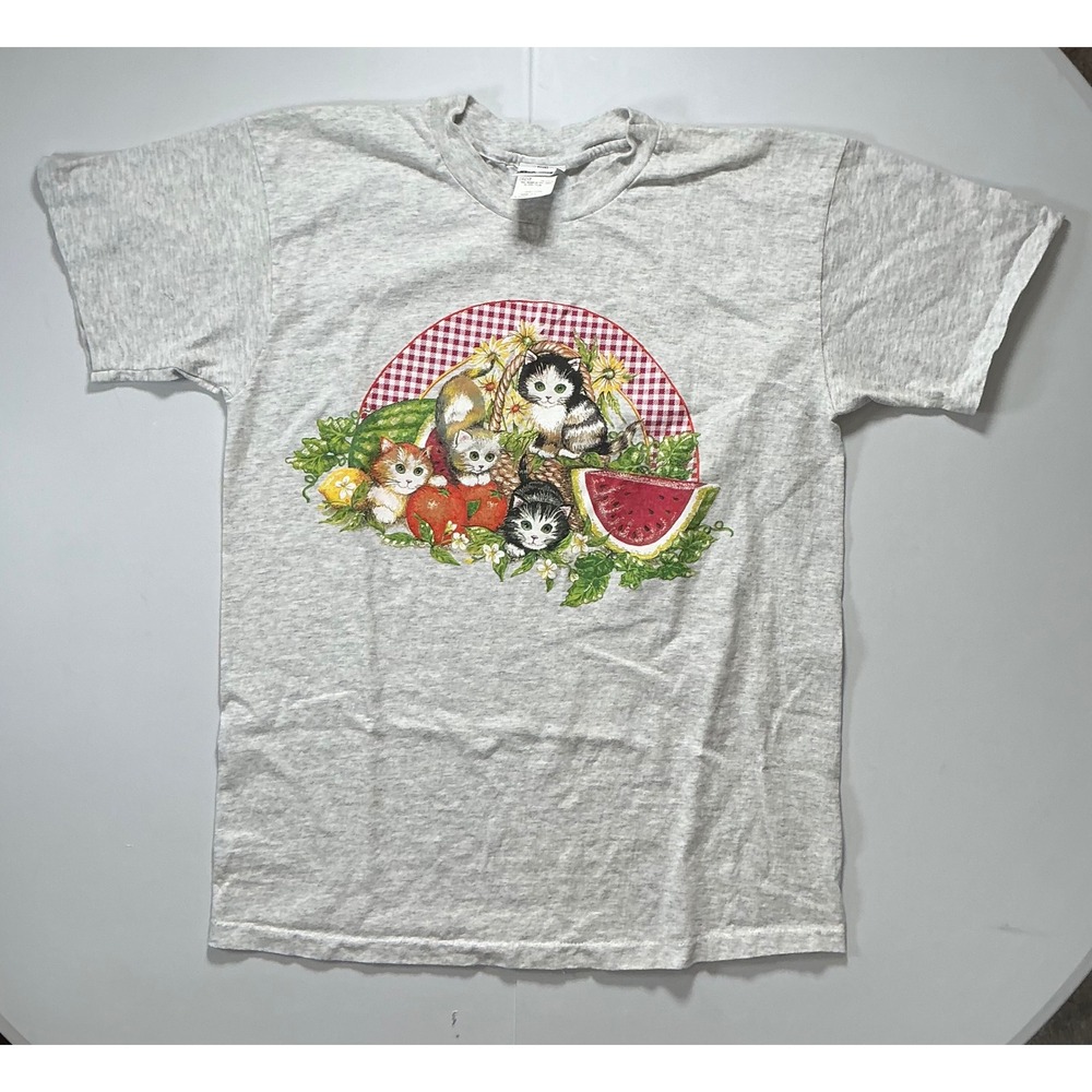 VTG USA Made Granny Kitten Fruit Summer Cottagecore T Shirt Womens L Gray